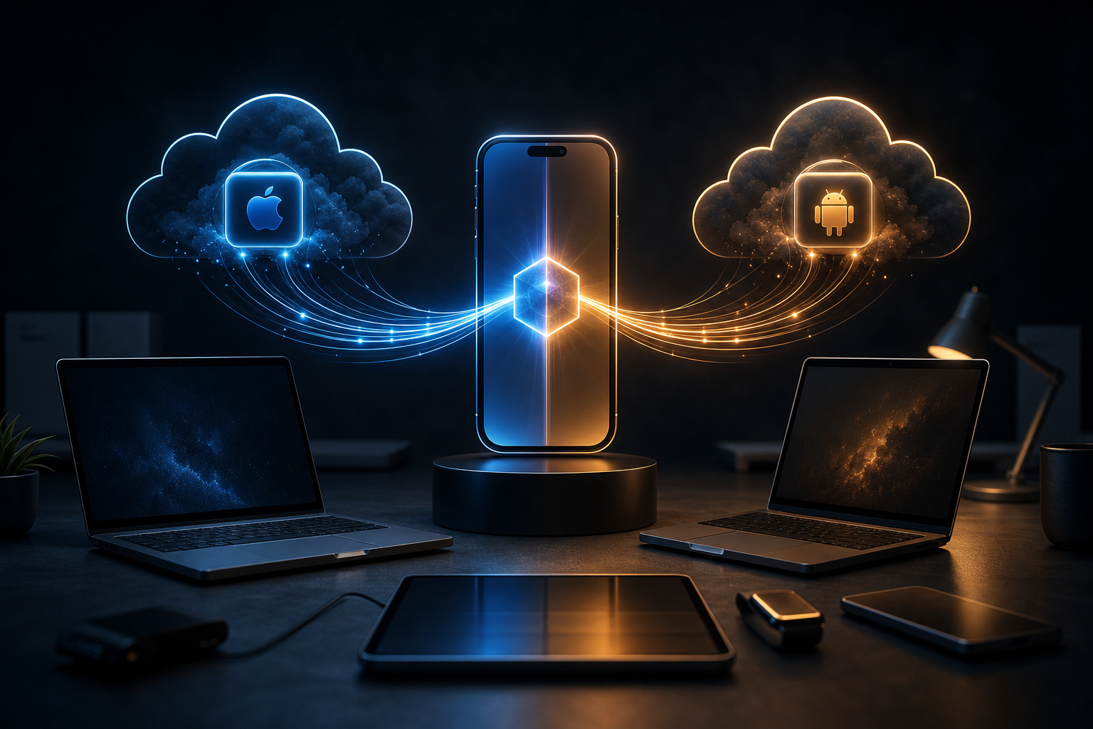 Central smartphone connected to two cloud notification gateways in a developer-focused delivery pipeline