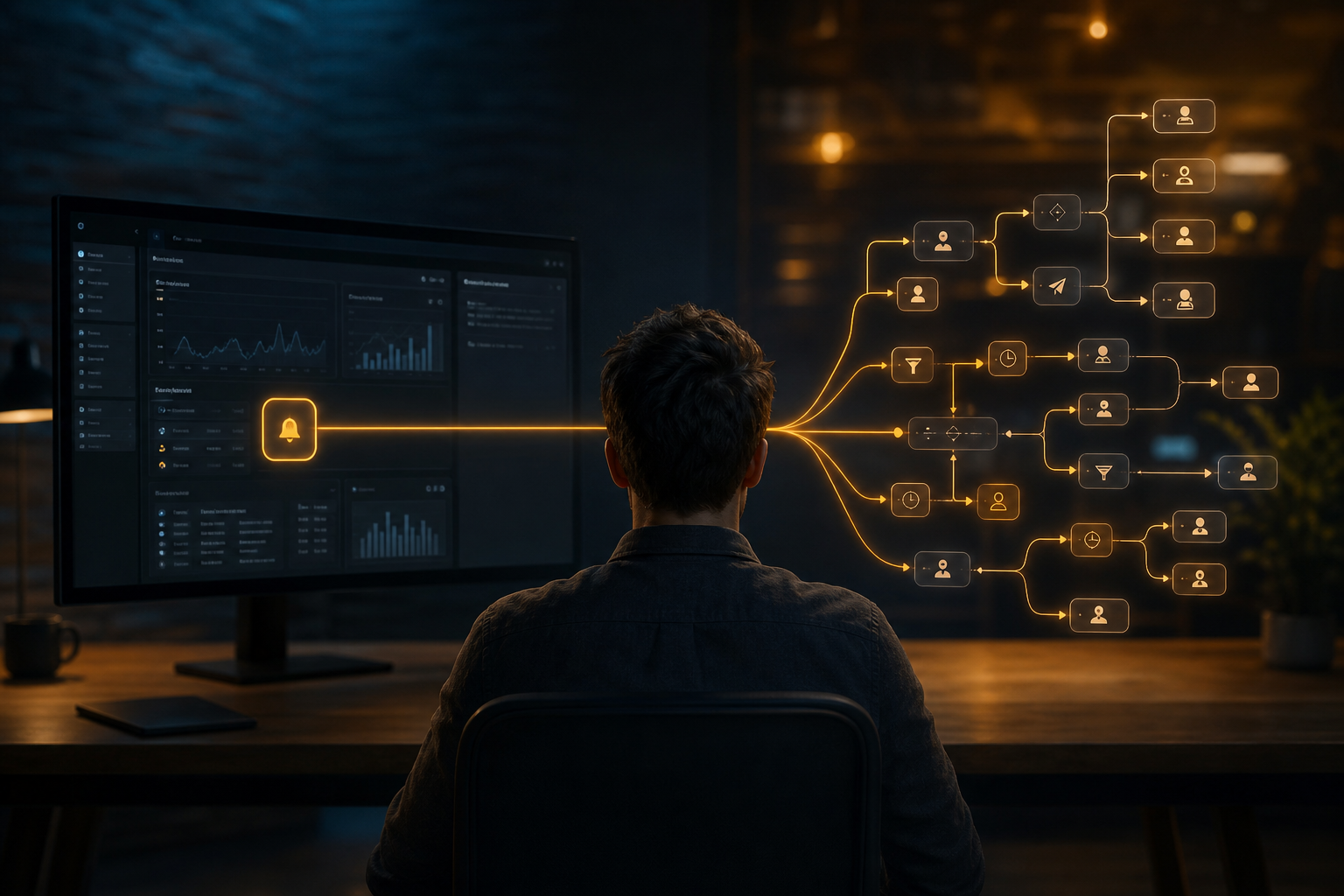 Split-path visual contrasting a simple push notification route with a complex automated customer journey network