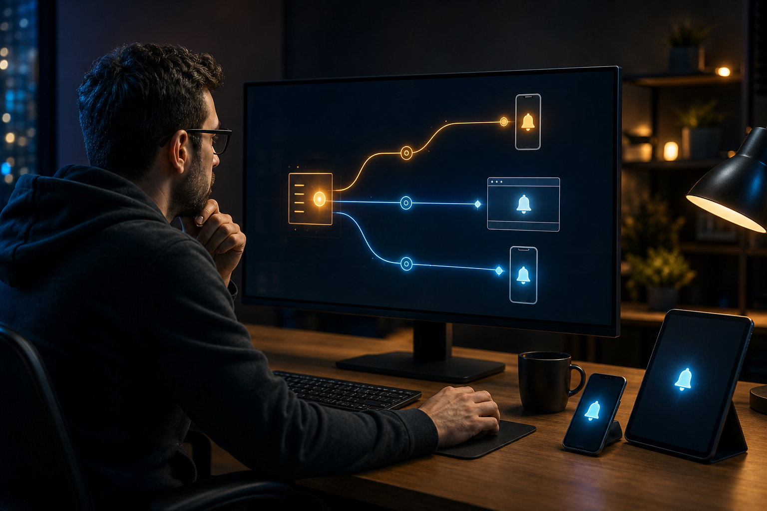 Developer comparing two notification delivery paths across mobile devices and a web browser