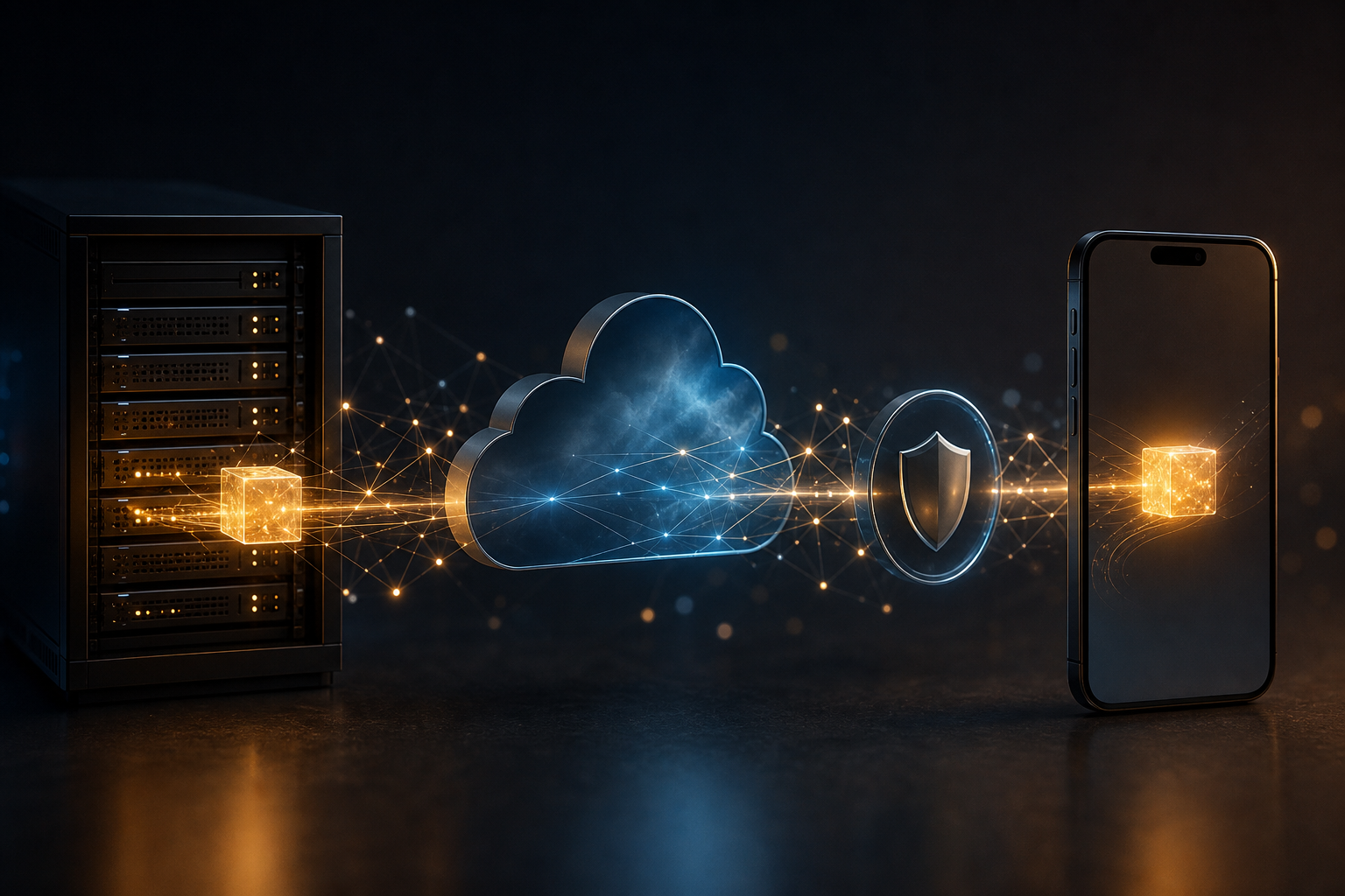 Glowing notification packet travelling from a server through a cloud gateway to a smartphone