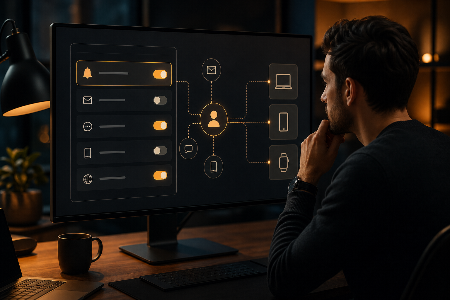 Developer designing a notification preference centre with abstract controls linking users, channels, and devices
