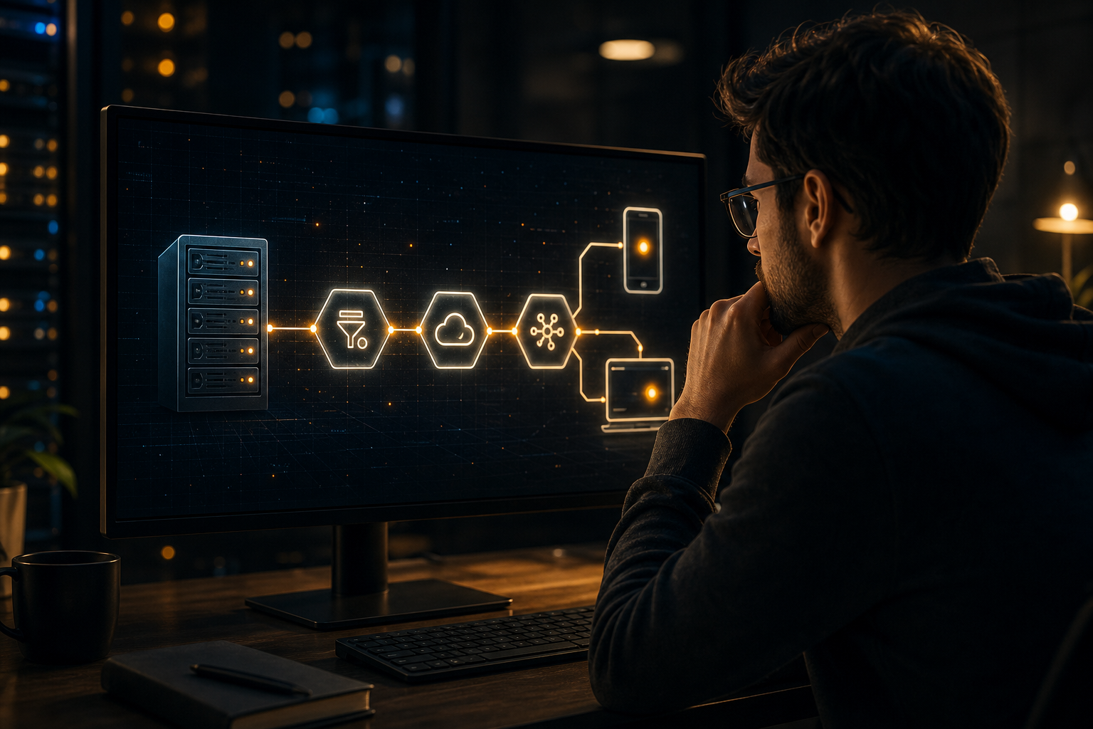 Developer tracing a push notification path from server through cloud routing to a smartphone and browser