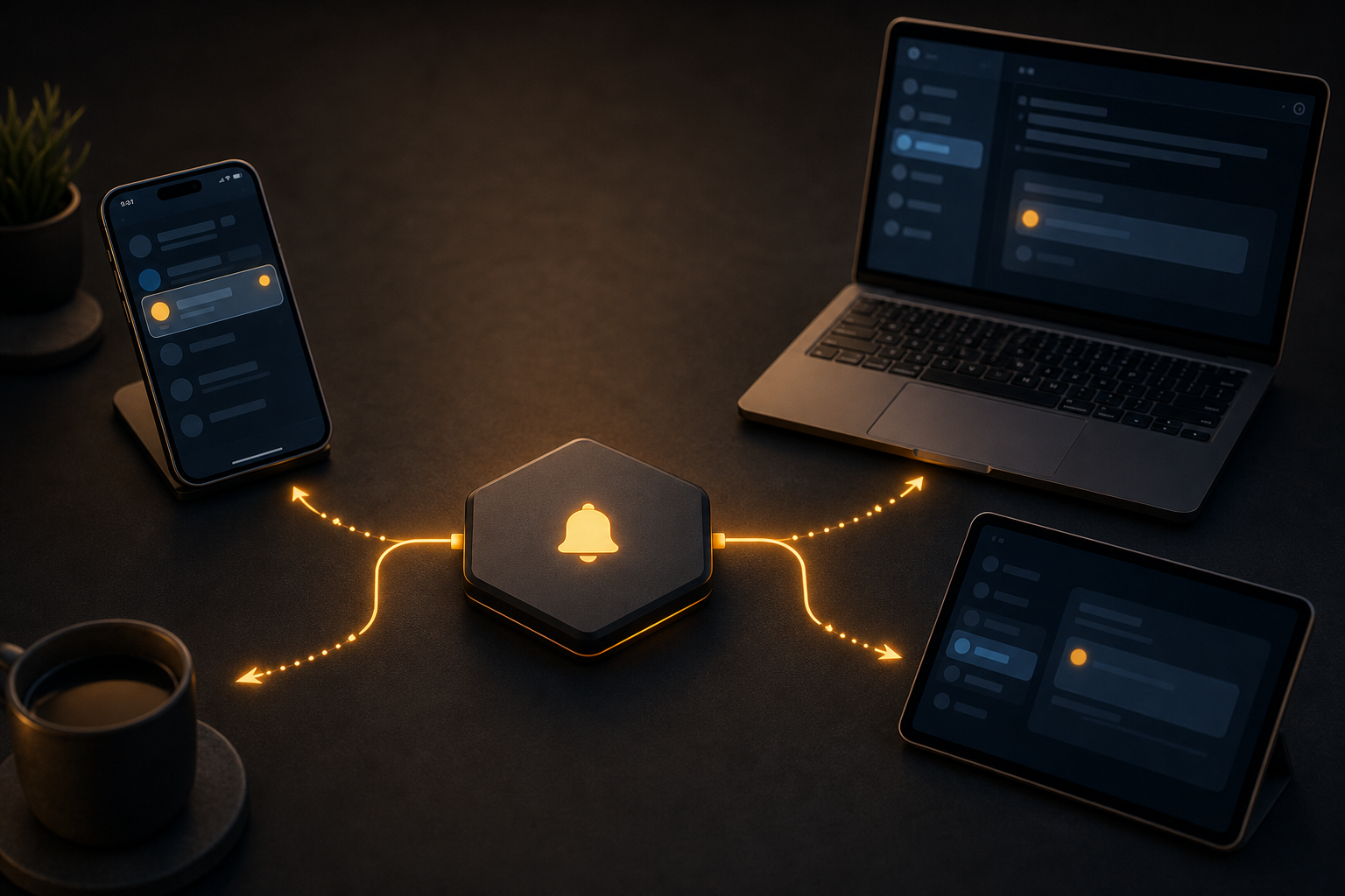 Central notification hub routing messages to three distinct app devices in a clean wide developer-focused visual
