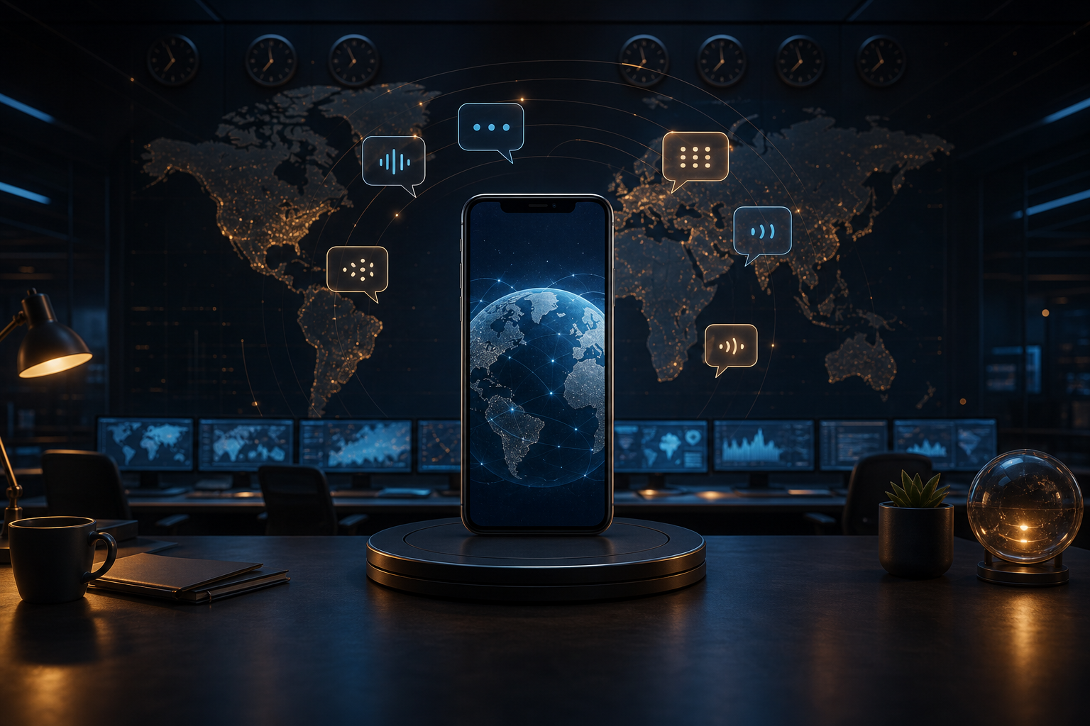 Smartphone displaying a localised notification with abstract global language and time-zone elements around it