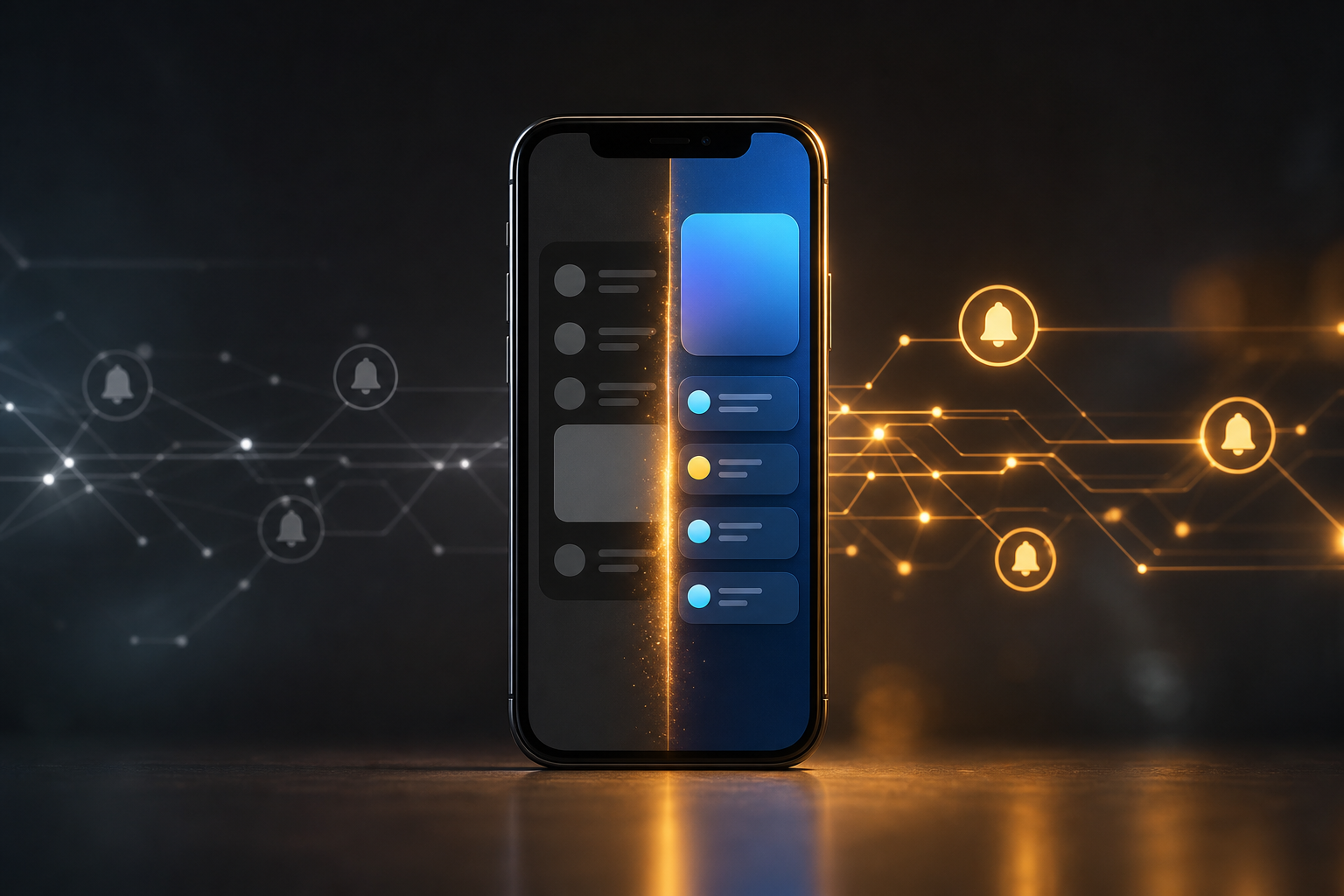 Smartphone upgrade connected to continuous glowing notification signals across a clean digital network