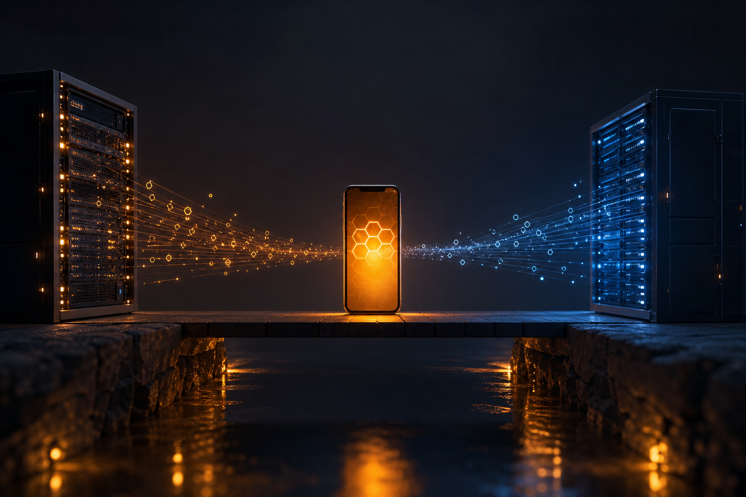 A central mobile device sending token data across a bridge between two server systems