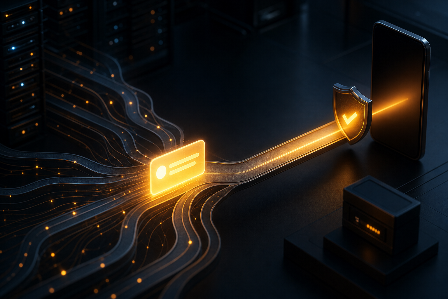 A glowing notification card follows one secure route through a resilient network toward a mobile device