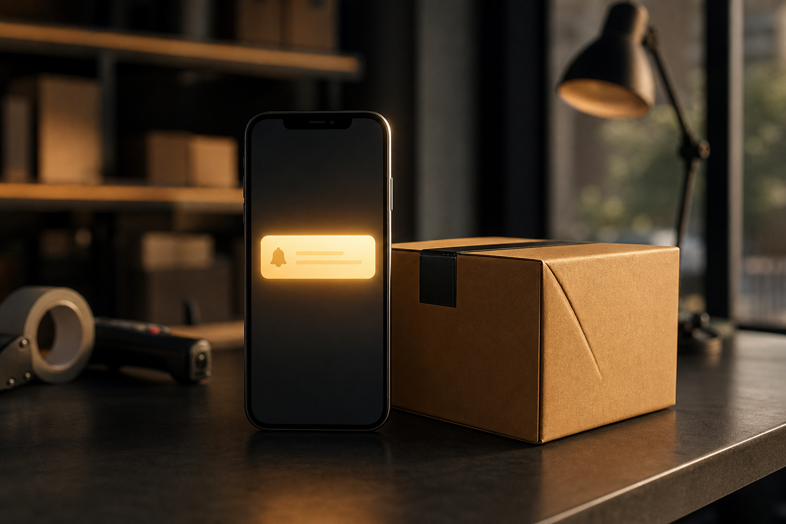 Smartphone beside a packed delivery parcel showing an unreadable order update notification