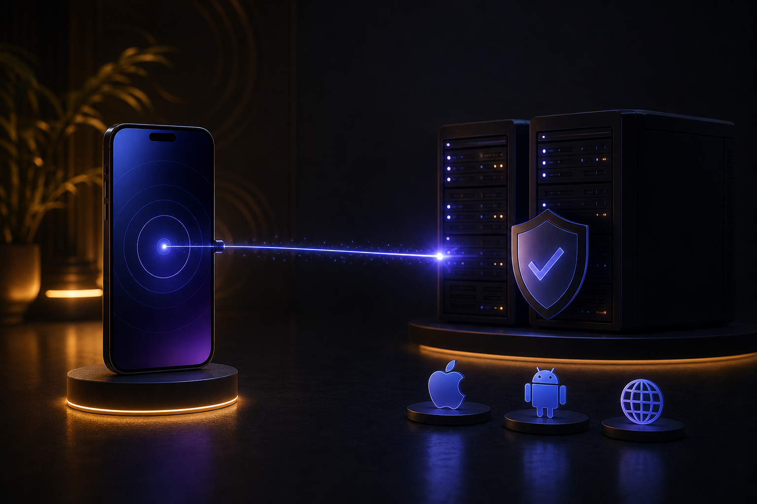 Single smartphone connected by a focused notification signal to a secure backend system