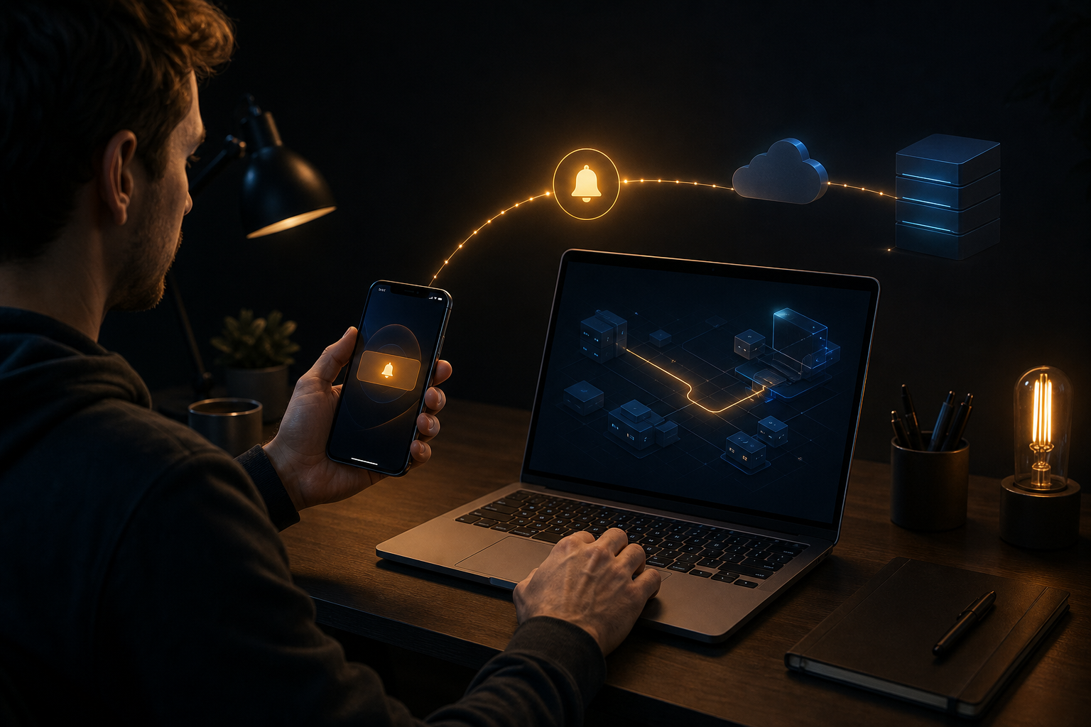 Developer testing a push notification flow between a laptop and smartphone with a glowing delivery signal