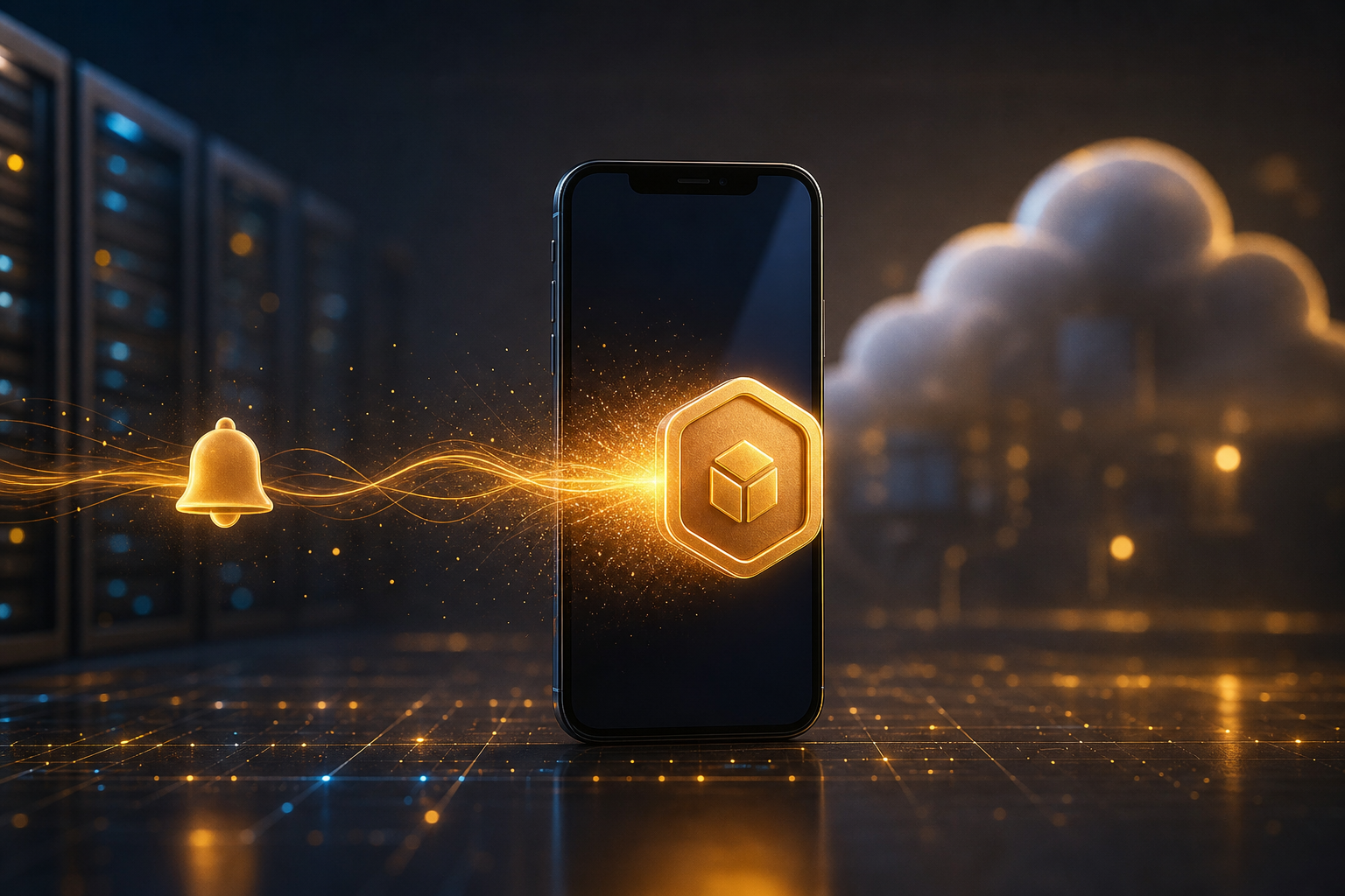 Smartphone receiving a refreshed push notification token beside a glowing cloud delivery signal