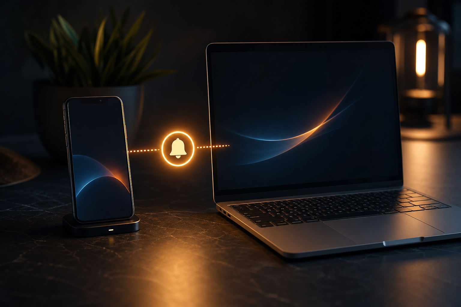 Smartphone and laptop connected by a glowing push notification symbol in a modern workspace