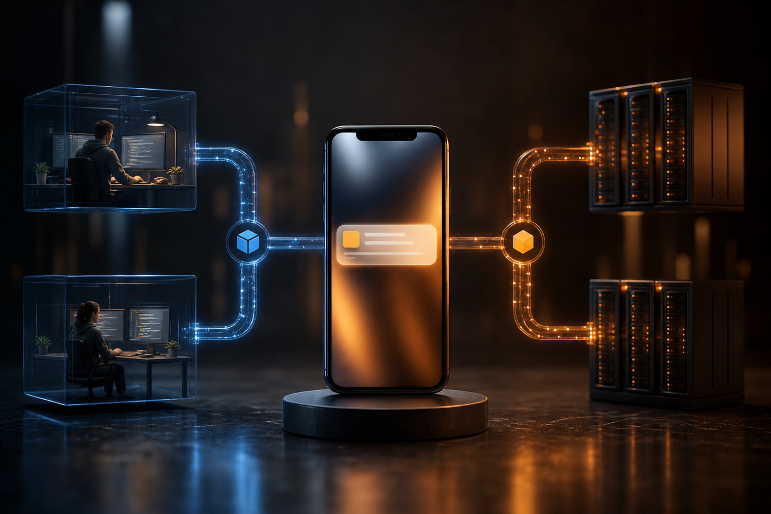 Smartphone receiving a push notification at the end of a production deployment pipeline